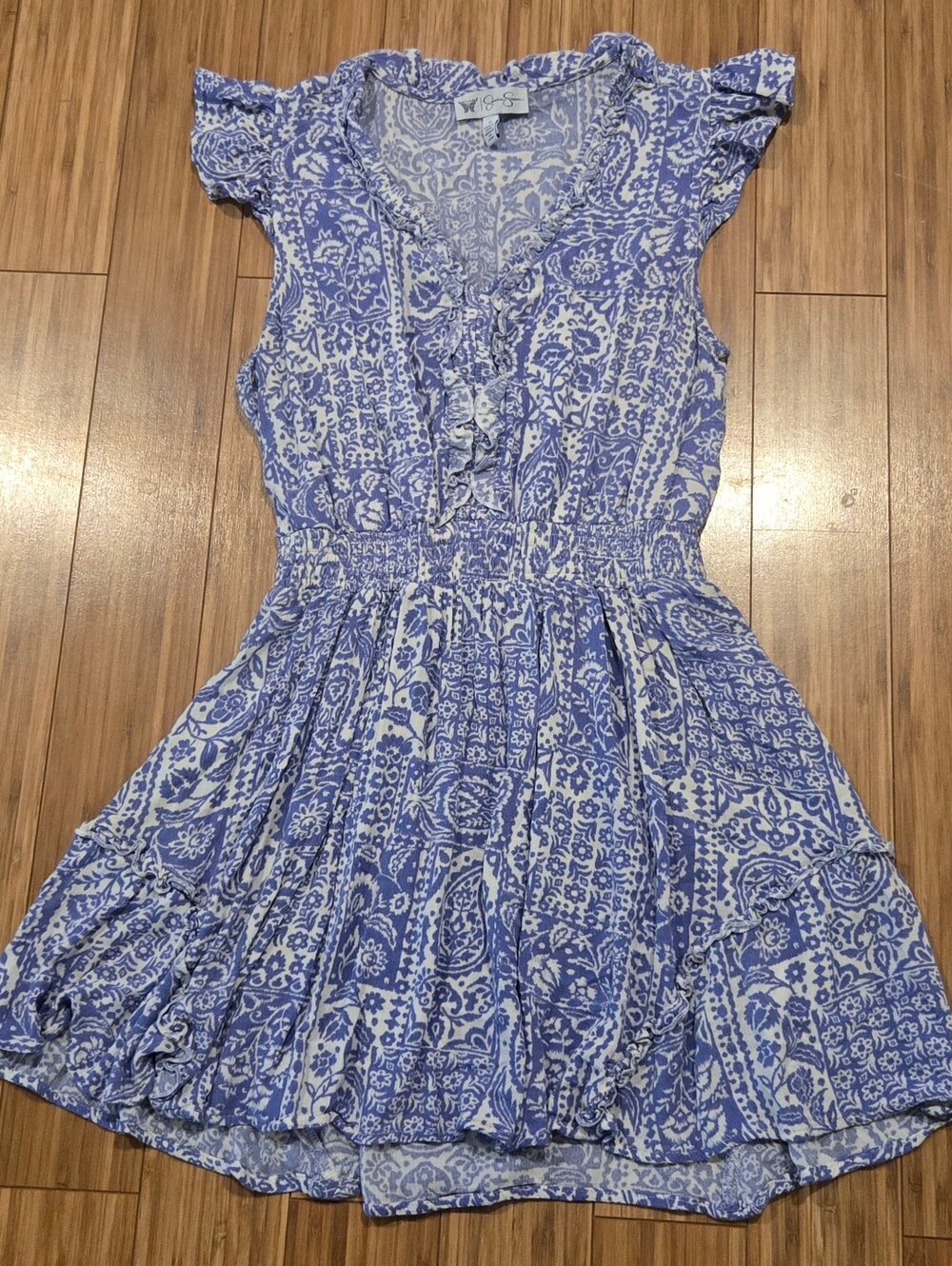 Jessica Simpson Blue & White Paisley Ruffle Mini Dress